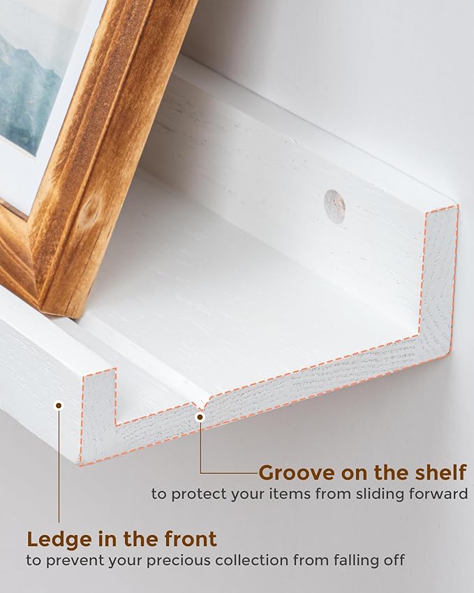 Axeman Oak Picture Ledge Shelf, 72 Inch Floating Shelves Set of 2, Solid Oak Wood Wall Shelves with Lip, Wall Decor Storage for Bedroom Living Room Bathroom Kitchen Nursery Photo Picture, White