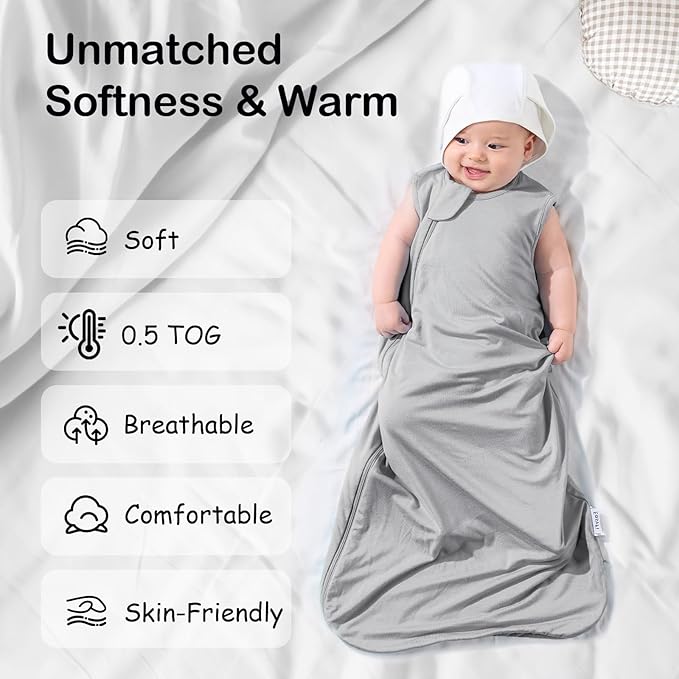 Supersoft Rayon Made from Bamboo Sleep Sack 3-6 Months Newborn Sleep Sack 0-3 Months 0.5 Tog Lightweight Baby Wearable Blanket with 2-Way Zipper Summer Unisex Sleeping Bag for Babies - Gray