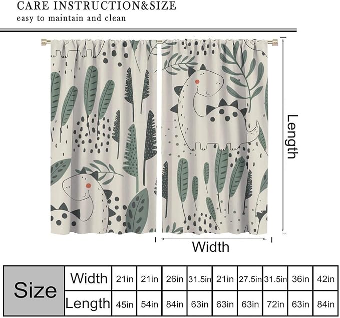 Dinosaur Curtains, Cute Dino Tropical Leaves Plant Beige Green Blackout Window Treatments, Rod Pocket Thermal Insulated Drapes 2 Panel Sets for Children Bedroom Nursery Classroom, 84" W X 84" L