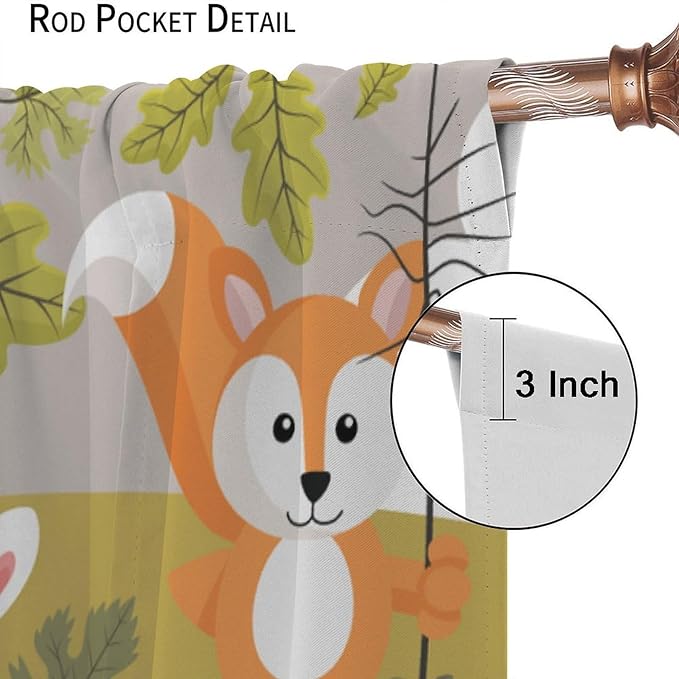 Cartoon Curtains, Jungle Animals Autumn Fun Pattern Blackout Window Treatments, Rod Pocket Thermal Insulated Drapes 2 Panel Sets for Children Boys Bedroom Nursery Classroom, 63" W X 72" L