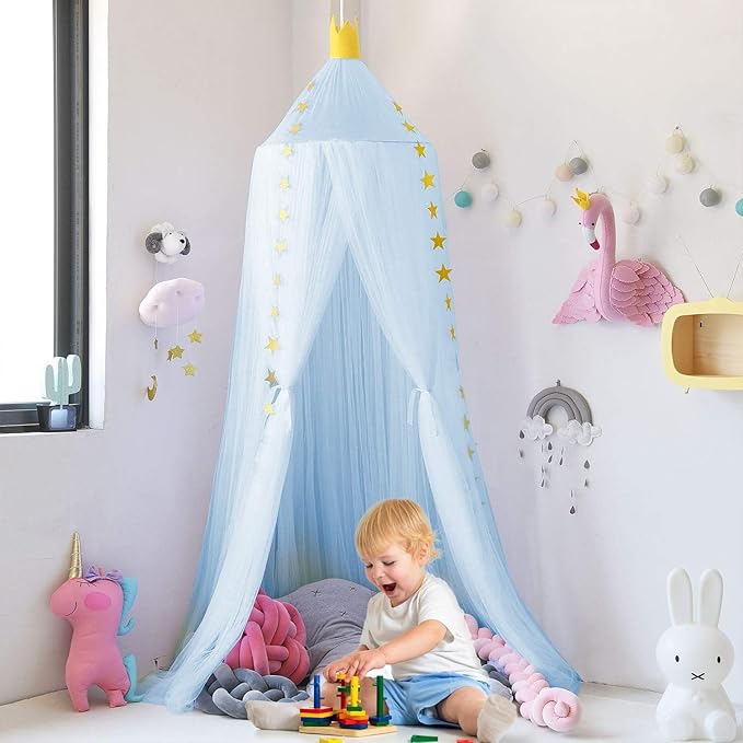 Princess Bed Canopy for Girls and Kids Hanging Mosquito Net for Baby Crib Nook Castle Game Tent Nursery Play Room Decor(Sky Blue)