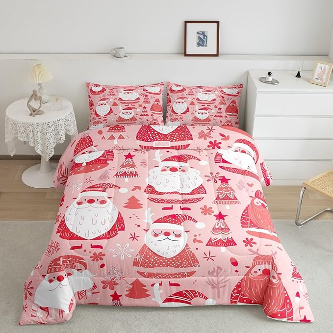 Feelyou Cute Santa Claus Bedding Set for Kids Boys Girls Twin Size Christmas Comforter Set Ultra Soft Winter Comforter Xmas Tree Duvet Quilt Bedroom Decor Christmas Decorations Quilt