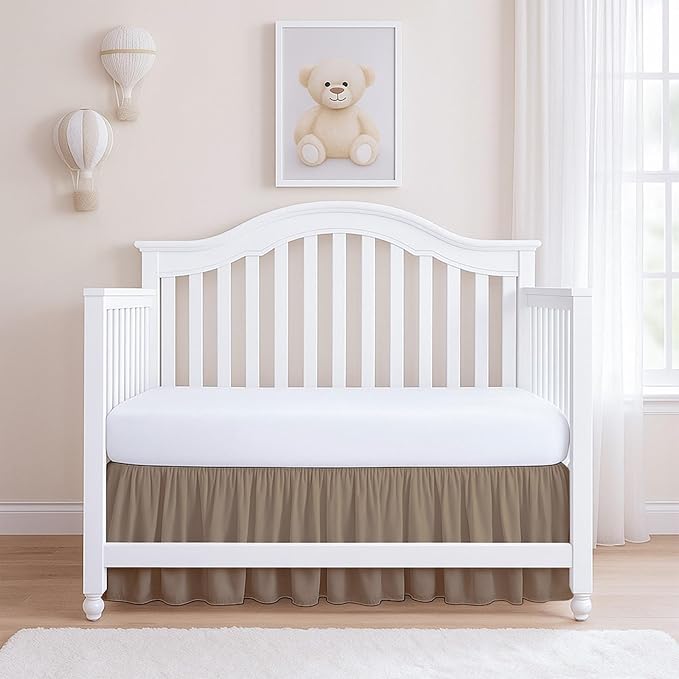 Rajlinen Ruffled Crib Bed Skirt, Microfiber, Dust Ruffle with Split Corners, 14" Drop, Nursery Toddler Bedding for Baby Boys or Girls, Taupe