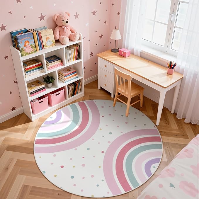 STARUIA Pink Round Rug for Nursery, 4 Ft Rainbow Washable Rug for Kids Room, Non-Slip Circle Rug Colorful Bedroom Carpet for Girls Princess Castle Playroom Classroom