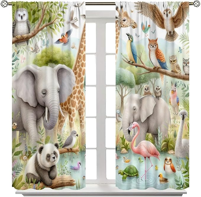Kids Animals Curtain Cartoon Western Wildlife Flamingo Elephant Giraffe Window Treatment for Baby Children Bedroom Living Room 42" W X 45" L