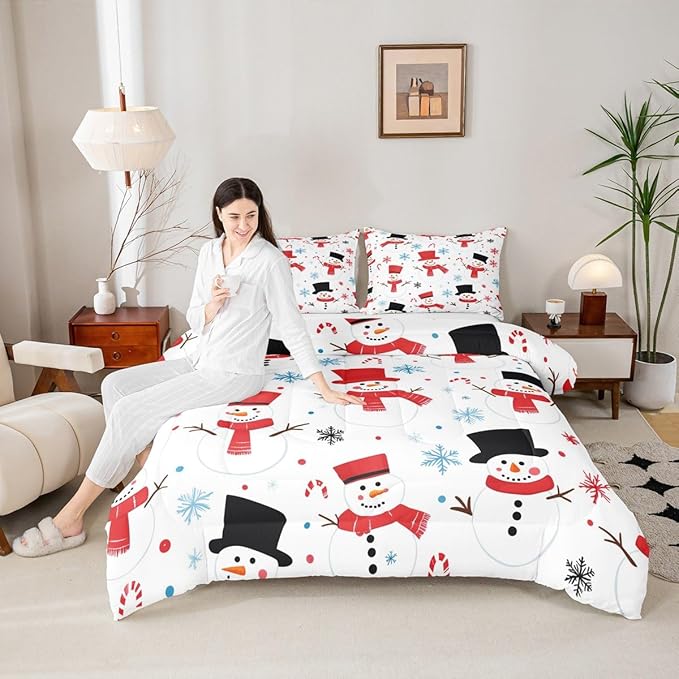 Feelyou Merry Christmas Comforter Set All Season Snowman Bedding Set with 2 Pillow Cases Winter Holiday Microfiber Kids Queen Bedclothes New Year Gift Bedroom Decor Duvet Quilt Soft Lightweight