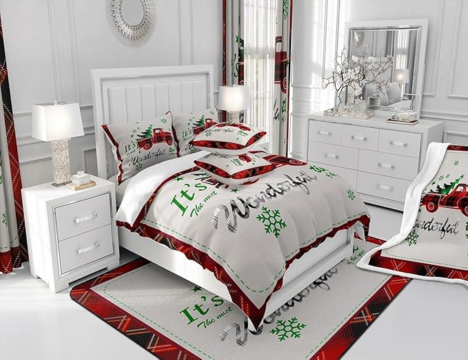 Manfei Xmas Truck Duvet Cover Set Twin Size, Christmas Tree Snowflake Print Bedding Set 2pcs for Kids Boys Girls Bedroom Decor, Red Plaid Print Comforter Cover with 1 Pillowcase,No Comforter