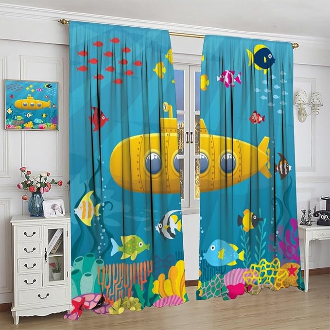 Boy Window Curtains Submarine Window Drapes Yacht Window Treatments Underwater World Oasis Thermal Drapes for Kids Girls Toddler Teens Room Dorm Decor Set 2 Panels,63x72 Inches, Style-1