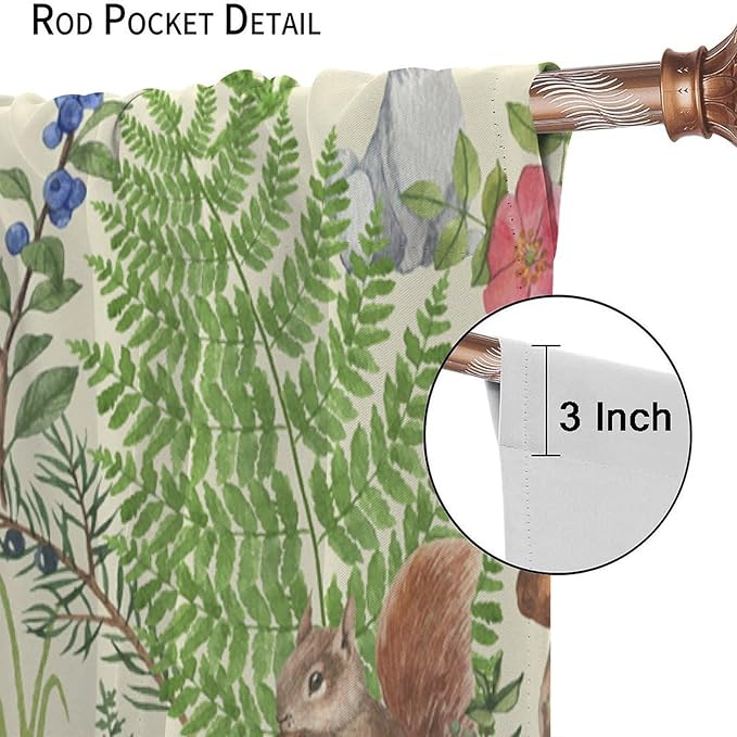 Forest Animal Curtains, Kids Rustic Wild Animal Window Treatments Watercolor Cute Woodland Fox Hedgehog Window Drapes for Nursery Toddler Bedroom 42x45in