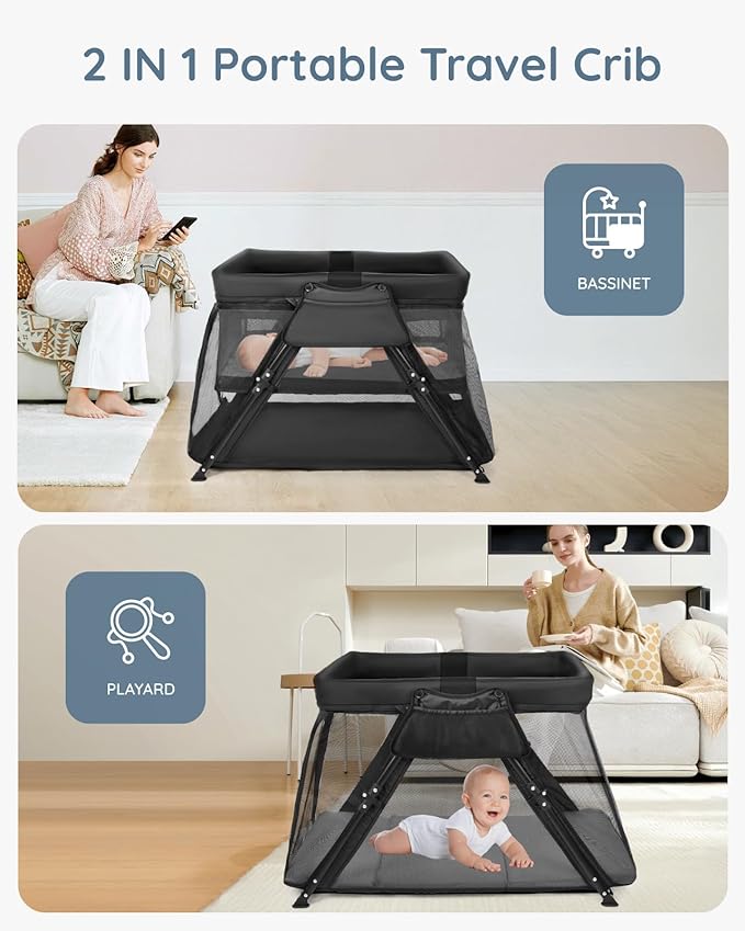 Lilian&Gema 2-in-1 Travel Crib, Portable & Foldable Crib with Backpack, Lightweight Baby Travel Playpen with Thick Mattress for Babies & Toddlers, Baby Travel Essential