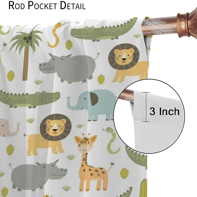 Nursery Safari Animals Window Curtains,Cartoon Woodland Jungle Forest Lion Elephant Giraffe Printed Pattern Blackout Drapes for Living Room Baby Boy Kids Bedroom 72x63in