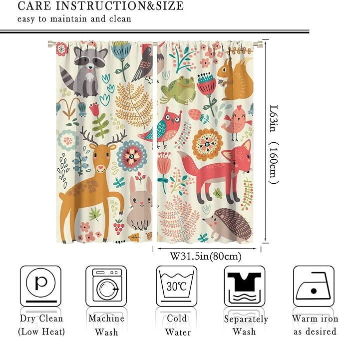 Kids Baby Woodland Blackout Curtains,Forest Animals Plants Cartoon Funny Colorful Deer Fox Owl Pattern Thermal Insulation Window Drapes for Boys Girls Children's Bedroom 63x63in