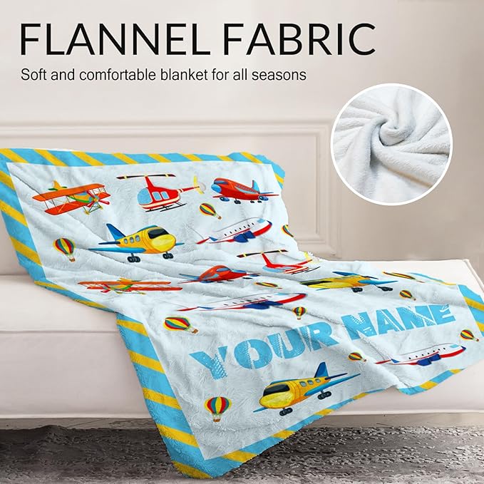 Custom Cute Throw Blanket for Adults - 60" x 80" Inches Airplane Throw Gifts for Boys - Blue Warm Cozy Aircraft Blanket for Bed, Couch, Travel
