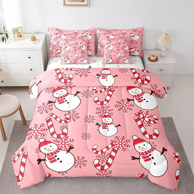 Christmas Kids Bedding Set Cartoon Snowman Comforter Set with Sheets for Boys Girls Snowflake New Year Decor Bed in a Bag Pink Xmas Theme Bed Set 7Pcs King Size