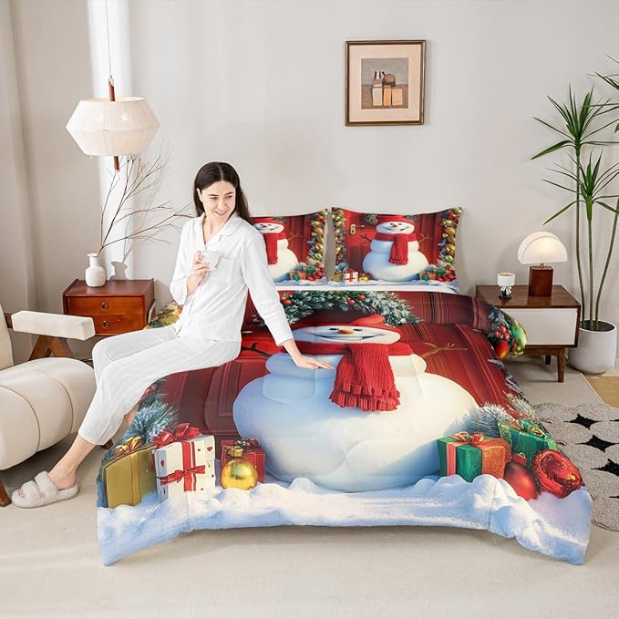 Feelyou Merry Christmas Kids Comforter Set Full Size Cute Snowman Bedding Set Duvet Quilt for Kids Boys Girls Bedroom Snowflake Decor Microfiber Ultra Soft Breathable