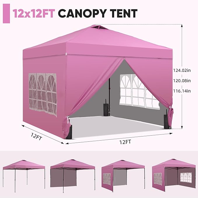 GDY 12x12 Pop Up Canopy Tent with 4 Sidewalls, Easy Set up with One Push Lift Outdoor Silver Coated Beach Gazebos, Carpas for Pool, Events, Parties, and Camping, Pink.