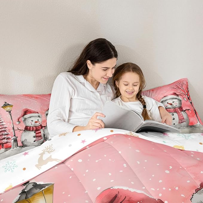Feelyou Christmas Bedding Set Soft for Boys Girls, Pink Watercolor Snowman Comforter Set King Size Xmas Winter Duvet Quilt Microfiber Snowflake Bedroom Decor 3 Pcs with 2 Pillow Cases
