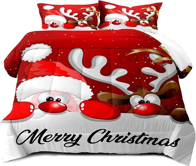 LUVIVIHOME 3PCS Merry Christmas Comforter Set King Size, Funny Santa Claus Bedding, Reindeer Cute Christmas Bedroom Decor for Kids Boys Girls Teens, Xmas Gifts, 2 Pillow Cases