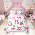 7 Pieces Pink Bowknot Girls Comforter Set King Size,Cherry Tropical Fruit Bow Patchwork Bedding,Bow Tie Butterfly Knot Princess Dreamy（Comforter+Fitted+Flat Sheet+2 Pillowcases+2 Throw Pillow Covers）