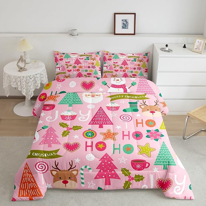 Merry Christmas Kids Comforter Set King Size,Cartoon Santa Claus Snowman Bedding Set,Boys Girls Adults Room Decor,Christmas Trees Deer Cute Down Comforter,Pink Romantic Duvet Insert,2 Pillowcases