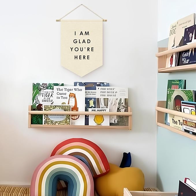 I Am Glad You're Here Canvas Banner Flag - Inspirational Wall Decor for Kids Nursery, Toddler Reading Corner Nook Classroom Library, Wall Hanging Pennant Flag 15x11in