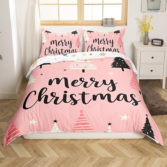 Feelyou Merry Christmas Bedding Set Christmas Tree Duvet Cover for Kids Boys Girls Stars Print Comforter Cover Pink Christmas Bedspread Cover with 1 Pillowcase 2Pcs Bedding Twin,No Comforter