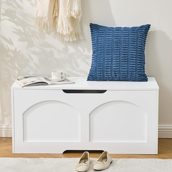 39.4" Storage Chest, Wooden Storage Bench Trunk, Upgraded Safety Lift Support Hinge, Large Entryway Bench Box, Supports 330 lb U-Shaped Opening for Entryway, Hallway, Living Room, Ivory White