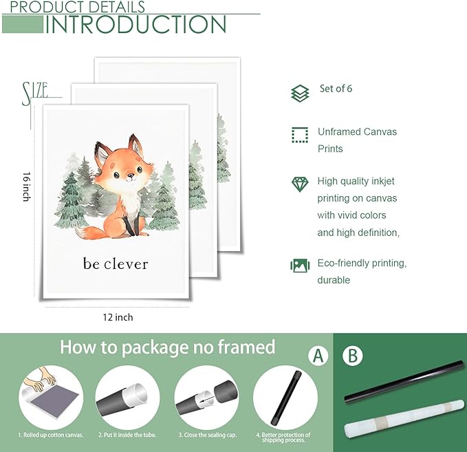 gooptyinh Woodland Nursery Animal Canvas Wall Art, 6 Piece Inspirational Forest Animals Print Posters, Motivational Quotes Cute Bear Fox Rabbit Deer Raccoon Owl Decor for Baby Bedroom 12x16in Unframed