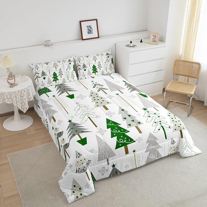 Castle Fairy Xmas Trees Comforter Set Twin Size,Merry Christmas Pine Hand Drawn Bedding Set for Kids Boys Men,Green Plant Snowflakes Winter Quilted Duvet Set with 1 Pillowcase