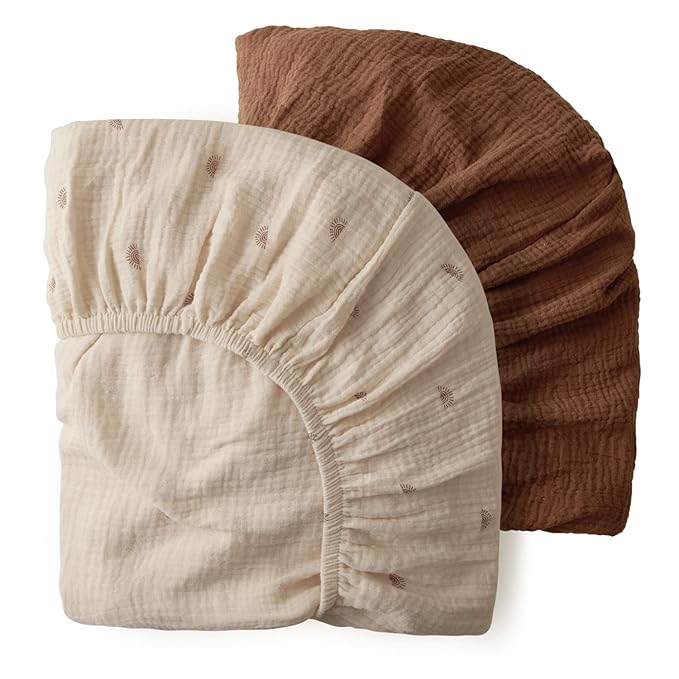 Blissful Diary Muslin Mini Crib Sheets, Pack and Play Mattress Sheets Fitted for Pack N Play, Soft Cotton for Boys Girls, 2 Pack(Sunshine&Brown)