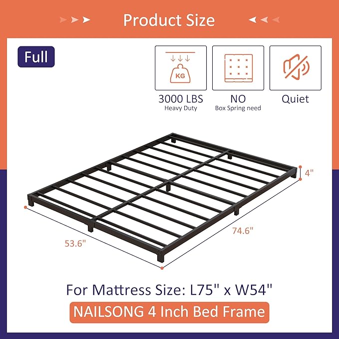 4 Inch Bed Frame Full Low Profile, Full Size Metal Bed Frame No Box Spring Needed, Heavy Duty Metal, Easy Assembly, Black