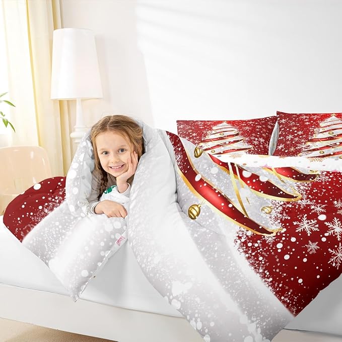 Feelyou Merry Christmas Comforter Set Full Size Christmas Tree Bedding Set for Kids Boys Girls Snowflake Duvet Quilt Winter Bedroom Decor Microfiber 3 Pcs with 2 Pillow Cases