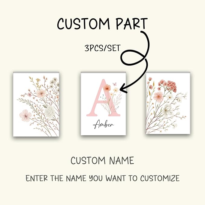 Personalized Girls Nursery Wall Art - Custom Name Pink Floral Butterfly Canvas Print 3pc Framed Wrapped Canvas for Bedroom Living Room Entryway Study Room Initial Wall Decor Baby Shower Birthday Easter Graduation New Year Valentine's Day Gift (60×90cm/...