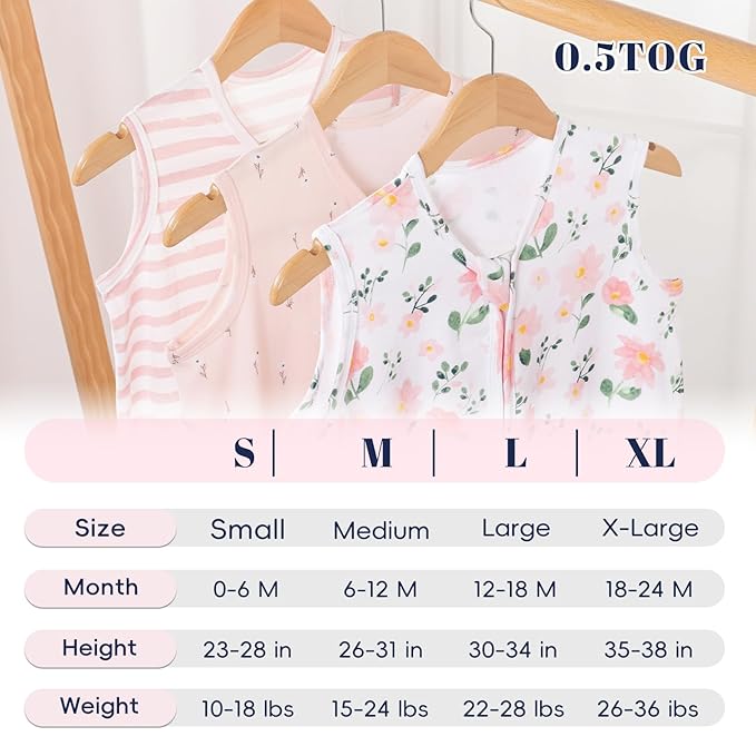 PHF Soft Baby Sleep Sack 6-12 Months 100% Organic Cotton Wearable Blanket, 2-Way Zipper 0.5 TOG Toddler Sleeping Sack 3 Pack, Comfy Sleep Bag for Baby Girls, Pink Floral (Medium)