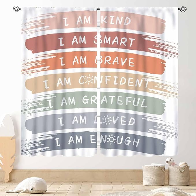 Rainbow Curtains for Classroom, Kids Girls Baby Boho Cute Inspirational Motivational Quotes Cartoon Colorful Pastel Nursery Classroom Bedroom Living Room Bathroom Window Drapes 2 Panels, 52"x84" Inch