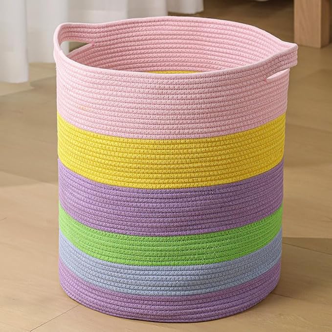 laundry hamper 16x16x18,60L – large basket for blankets, toy basket,Cotton Rope Blanket Basket Living Room, Baby Laundry hamper for Blanket, Nursery, –stuffed animal storage( Pink Rainbow)