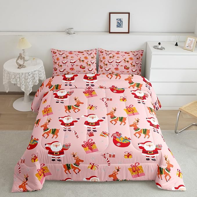 Feelyou Christmas Bedding Set for Kids Boys Girls Toddler Size Santa Claus Comforter Set Ultra Soft Xmas Deer Elk Decor Comforter Duvet Quilt Bedroom Decor Christmas Decor Quilt