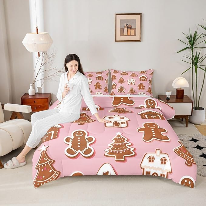 Feelyou Christmas Comforter Set Full Size Gingerbread Man Bedding Set for Kids Boys Girls Snowflake Duvet Quilt Xmas Tree Bedroom Decor Microfiber 3 Pcs with 2 Pillow Cases