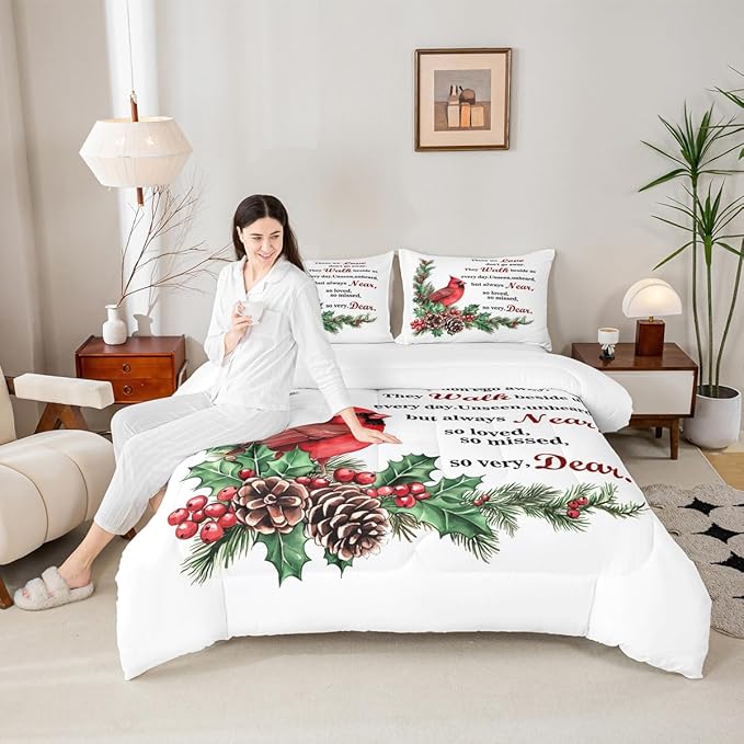 Red Cardinal Comforter Set Full Size,Christmas Birds Holly Pinecones Kids Bedding Set,Berries Poinsettia Rustic Animal Quilt Comforter,White Red Green Duvet Insert,2 Pillowcases