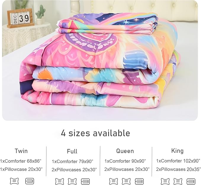 Rainbow Cat Comforter Set: Twin Size Cute Colorful Cat Bedding for Kids Teen Girls Room Decor Kawaii Purple Pink Ethnic Kitten Quilt Floral Feline Castle Bed Sets 2 Piece