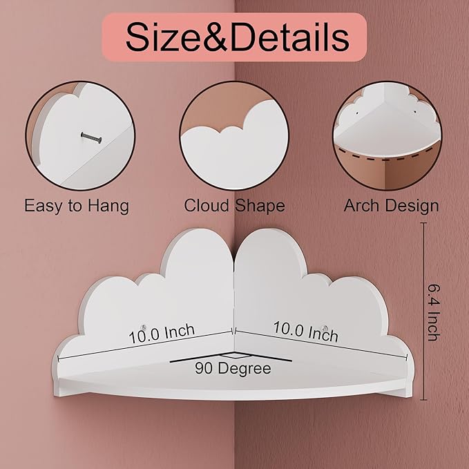 Solid Wood Cloud Floating Corner Shelves for Nursery, Set of 3 Cloud Shaped Wall Shelf, Cute Corner Shelves Wall Mounted White, Small Display Shelf Nursery Decor for Bedroom, Living Room, Bathroom