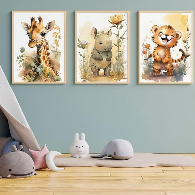 3Pcs Safari Nursery Wall Art watercolor baby Animal Wall Decor Lovely Jungle Animal Picture Painting Kids Room Posters Prints artwork for Boy Girl and Baby Room wall decoration,12x16in Poster