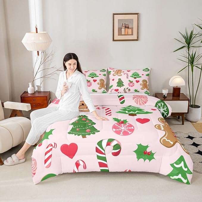 Feelyou Merry Christmas Kids Comforter Set Toddler Size Gingerbread Man Bedding Set Christmas Decor Duvet Quilt for Kids Boys Girls Bedroom New Year Gift Decor Microfiber Ultra Soft Breathable