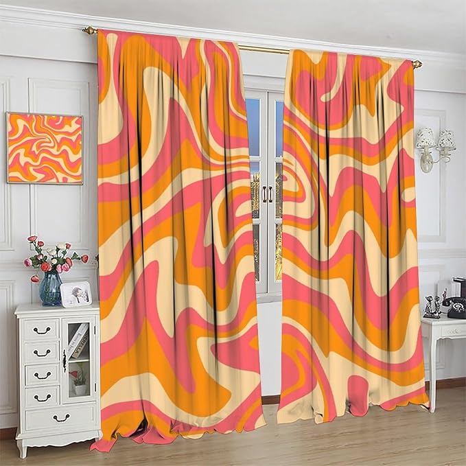 Abstract Wavy Swirl Curtains,60s 70s Groovy Aesthetic Retro Boho Orange Pink Abstract Curtains for Girls Bedroom Living Room Window 42"" W X 54"" L, Style-2