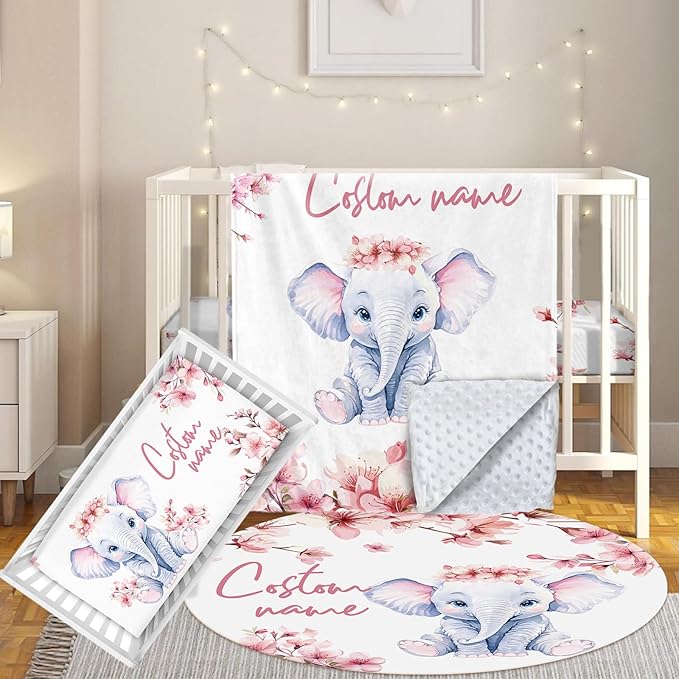 Custom Baby Crib Bedding Set, 3 Pcs Personalized Nursery Bedding Set with Name, Soft Baby Bedding Crib Sets with Blanket - Toddler Crib Sets for Girls Boys, Infant Newborn Gift, Flower Elephant