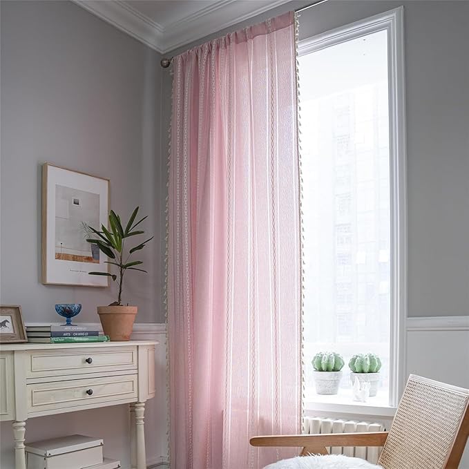 Deeprove Pink Boho Curtains for Kids Room Girls Nursery Room, Pretty Princess Theme Home Decoration Privacy Protection, Bohemian Semi-Blackout Light Filter Window Tassel Drape (1 Panel,52" x 90")