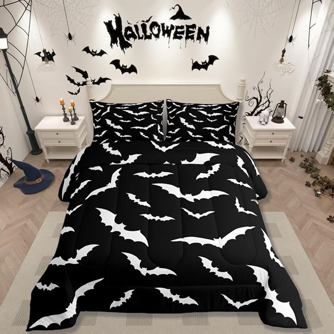 Erosebridal Bat Comforter Set Full Size for Kids Bedroom with 2 Pillow Cases Happy Halloween Bedding Set Gothic Spooky Duvet Insert Cartoon Style Quilt, Black White