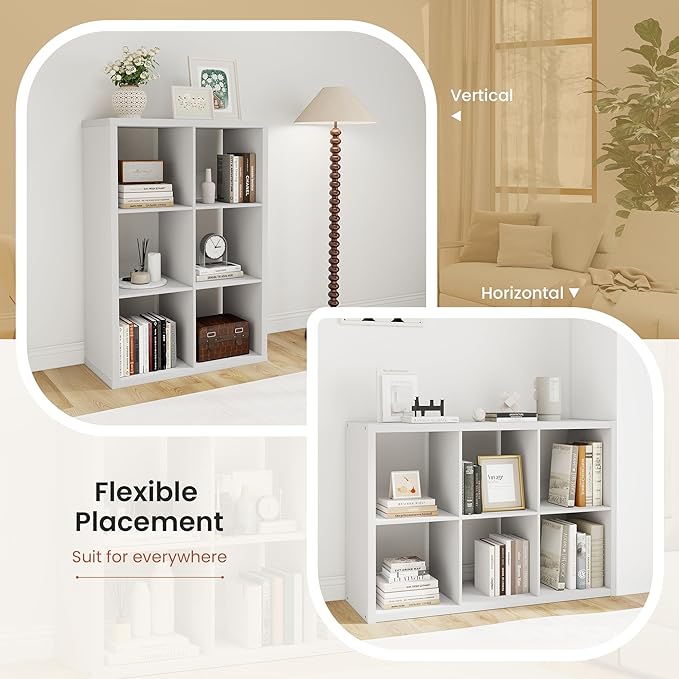 White Wooden 6 Cube Storage Organizer, White Tall Kid Book Shelf with 6 Cubby Storage Space, Kids Toys Organizer with 6 Cube Shelf for Playroom, Bedroom, Living Room, 14.6 × 43.8 × 30.7
