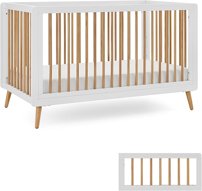 Tatum 3-in-1 Convertible Crib - Included Toddler Guard Rail, White/Natural Finish, Adjustable Mattress Height, Converts to Toddler Bed & Daybed, Fits Standard Full-Size Crib Mattress