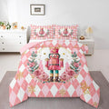 Feelyou Christmas Comforter Set Queen Size Pink Nutcrackers Bedding Set for Kids Boys Girls Rhombus Pattern Duvet Quilt Floral Bedroom Decor Snowflake Microfiber 3 Pcs with 2 Pillow Cases